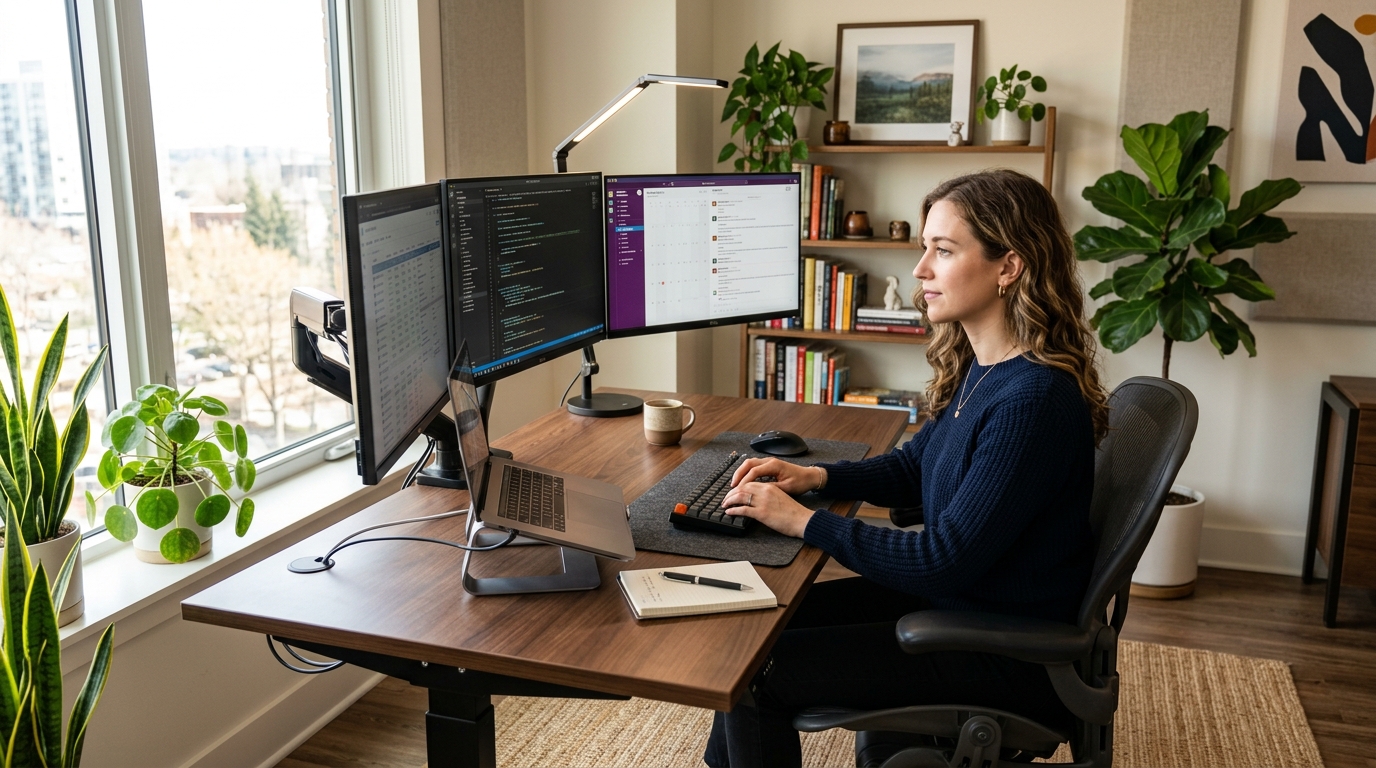 A well-organized home office setup featuring ergonomic furniture and dual monitors
